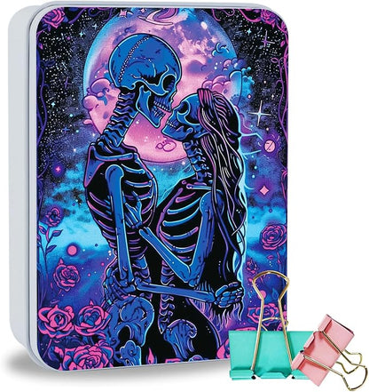 Metal Tin Box Sturdy Metal Storage Box with Lid, Large Container Holder for TCG Cards,Car Keys,Cookies,Tin Containers for Gift,5.0x3.7x1.6 Inch,Exquisite Pattern Design(Skeleton Couple)