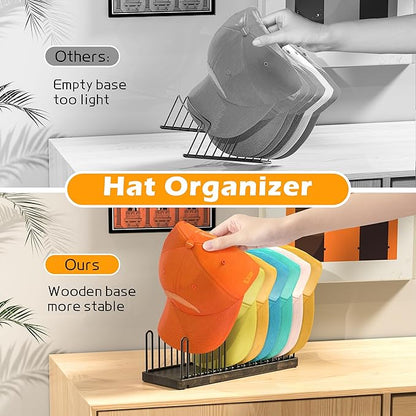 NANATI Hat Organizer for 9 Baseball Caps, Solid Wood Base Hat Rack for Closet, Metal Hat Stand for Baseball Caps, Hat Storage with Anti-slip Pads, Cap Organizer Hat Holder for Closet