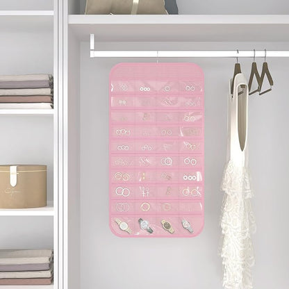 2-Pack Hanging Jewelry Organizer Storage, 40 Pockets 36 Hooks Necklace Earring Necklace Bracelet Ring Organizer, Double - Sided Design, Pink