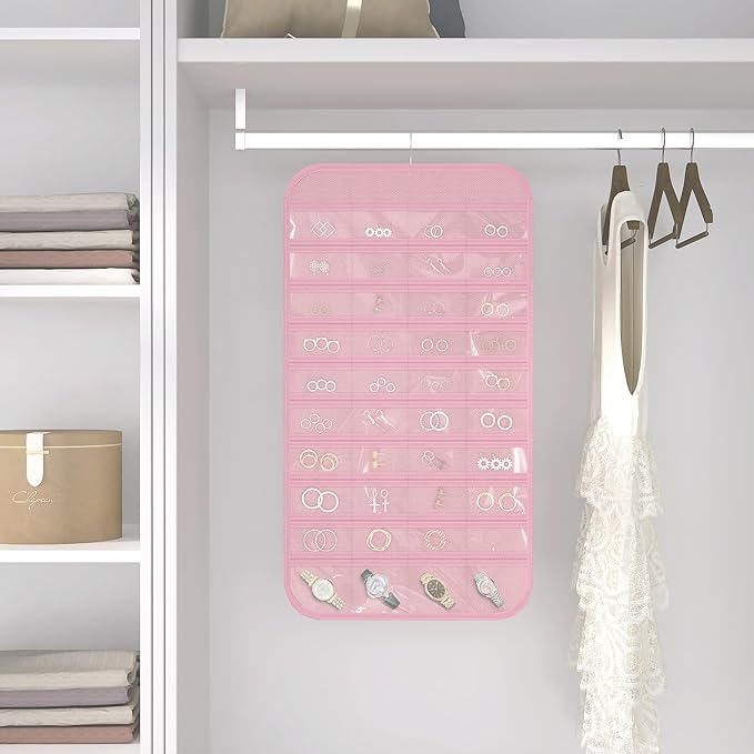 Hanging Jewelry Organizer Storage, 40 Pockets 36 Hooks Necklace Earring Necklace Bracelet Ring Organizer, Double - Sided Design, Pink