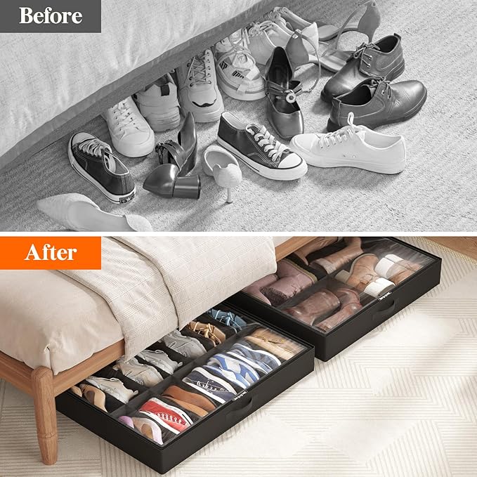 Lifewit Under Bed Shoe Storage Organizer 2 Pack(14 Shoes Cells+4 Boots Cells), 4.3 Inches Profile Fabric Shoes Container Box with Clear Cover, Foldable Storage Bag with 2 Handles, Fits 22 to 36 Pairs