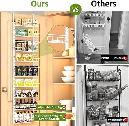 Churboro Over the Door Pantry Organizer Rack with 9 Adjustable Baskets, 9 Tiers Dual-use Hanging or Wall Mount Spice Rack Organizer, White
