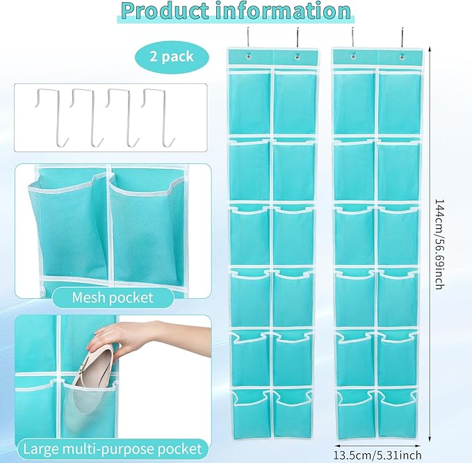 GOMAJI 2PK Over the Door 12 Large Pockets Hanging Shoe Organizer, Turquoise
