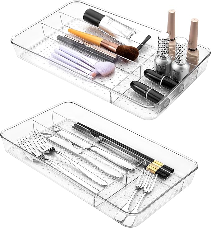 Lonian Multi-Purpose Drawer Organizer Tray, Clear PET Plastic Cutlery Utensil Divider, No-Slip Storage Box for Kitchen Drawer, Makeup, Bathroom, and Office Supplies