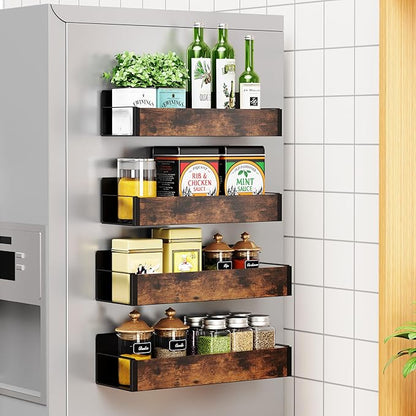 Vetacsion 4 Pack Moveable Fridge Magnetic Spice Racks,Metal(Wood)