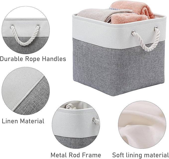 MidmmVick 12 x 12 Inch Cube Storage Bins, 6 Pack Large Collapsible Fabric Storage Bin with Ropes, Foldable Storage Cubes for Home, Office,Closet, Clothes, Toys Organizer (White & Grey)