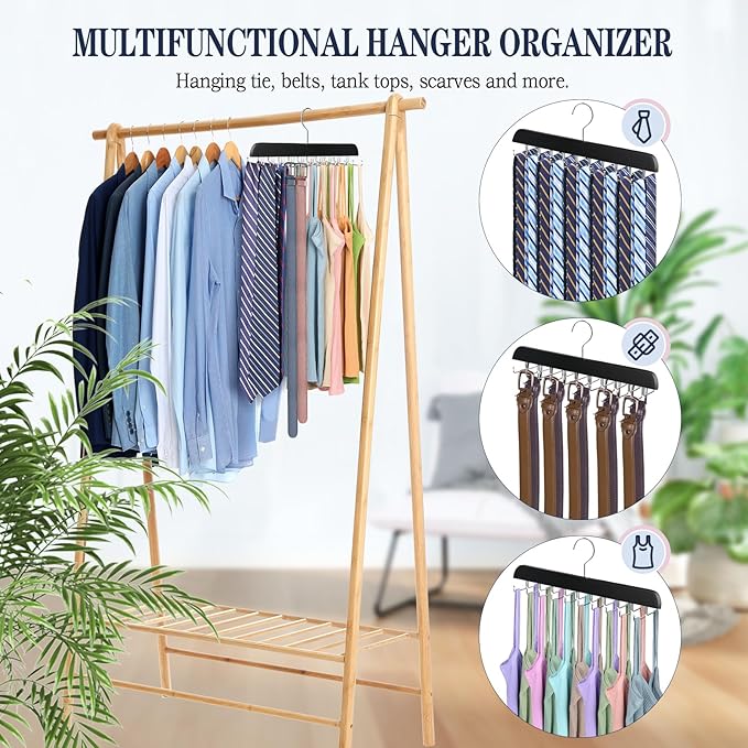 2 Pack Tie Rack Belt Hanger for Closet Upgraded Non Slip Tie Hanger Space Saving with 20 Foldable Hooks Wooden Belt Tie Organizer for Tank Tops Bras Cami Scarves
