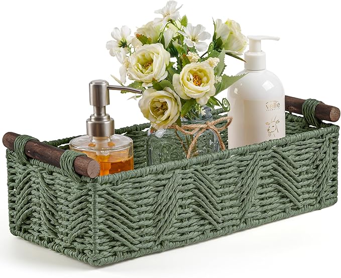 Bathroom Baskets for Organizing with Handle Decorative Basket for Bathroom Countertop Storage Toilet Paper Storage Basket for Toilet Tank Top Small Baskets Set,Green