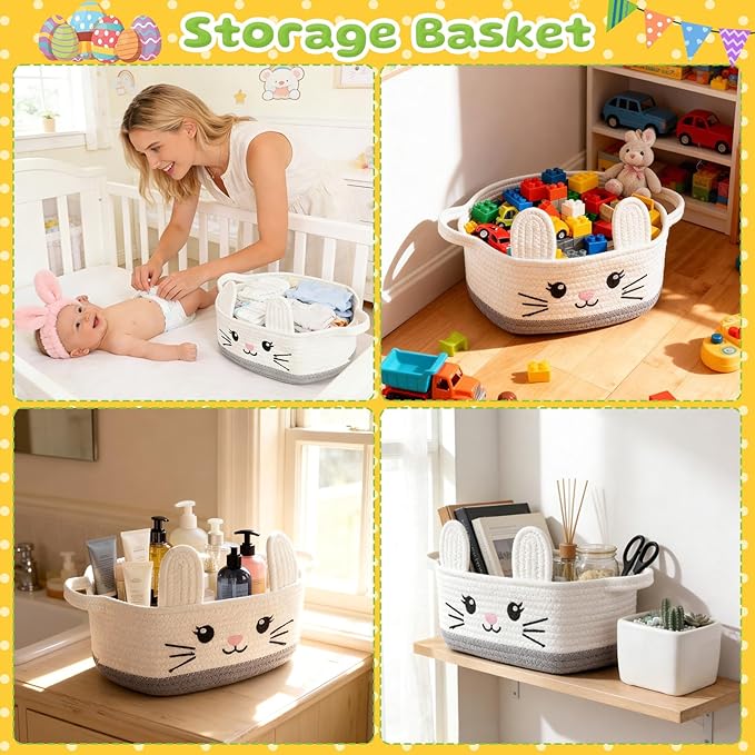 Small Woven Storage Basket with Handle, Cute Cotton Rope Bunny Baskets for Gift Empty, Storage Basket for Toy Organizer