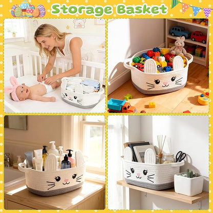 Small Woven Storage Basket with Handle, Cute Cotton Rope Bunny Baskets for Gift Empty, Storage Basket for Toy Organizer