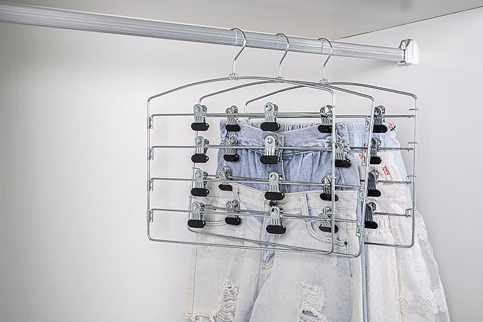 3 Quality Multi Pants Hangers, Space-Saving Multi-Bar Metal Pants Hangers, Stable with Non-Slip Foam Padding, Swivel Hook for 5 Jeans Each, Suit Pants, Scarves, Towels, Trousers (Skirt, 3)