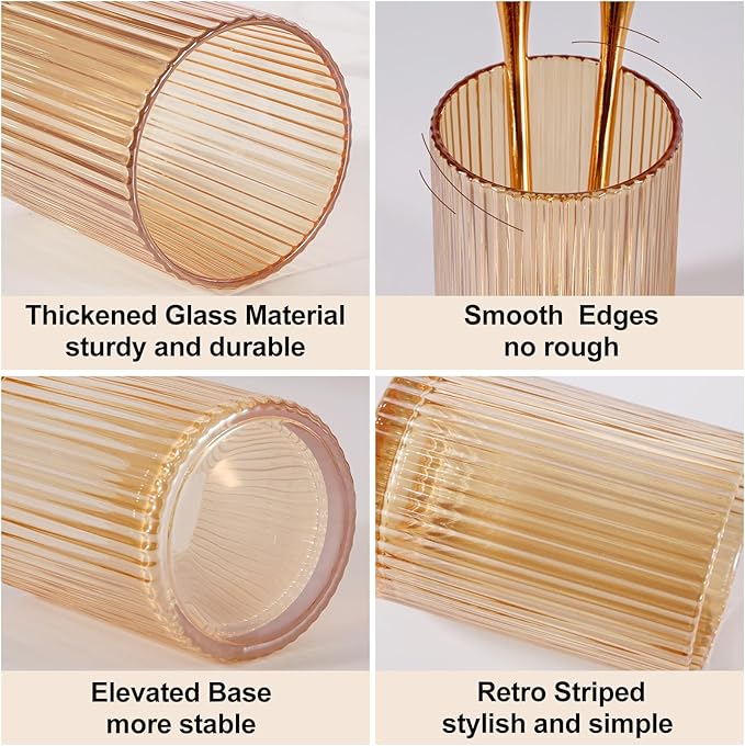 DASITON Makeup Brush Holder Organizer, Crystal Cosmetic Makeup Brushes Storage Holder, Glass Make Up Brush Holder, Vintage Striped Make Up Cup Desk Pen Pencil Holder, Toothbrush Holders (Coffee S)