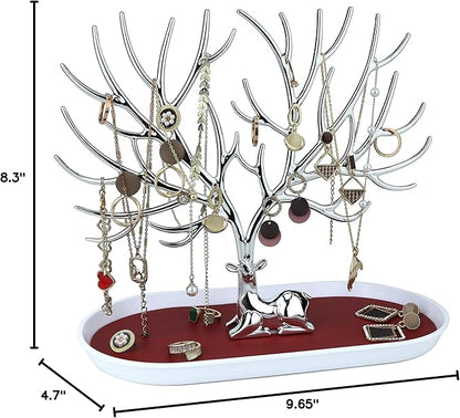 MORE&LESS Antlers Jewelry Display Stand,Silver Deer Hanging Organizer for Ring Earrings Necklace Bracelet