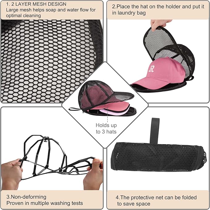 [2 Pack] Hat Washer Cage, Baseball Cap Protector Cover for Washing Machine and Dishwasher, Durable Frame and Mesh Net Keep Your Caps in Shape, Ideal for Adults and Kids Ball Caps, Black