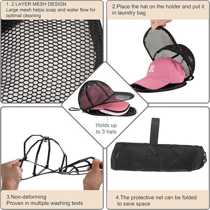 [2 Pack] Hat Washer Cage, Baseball Cap Protector Cover for Washing Machine and Dishwasher, Durable Frame and Mesh Net Keep Your Caps in Shape, Ideal for Adults and Kids Ball Caps, Black