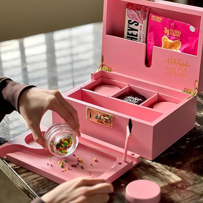 HASHSTASH The OG Storage Box - Large Bamboo Box with Combination Lock, Magnetic Lid, Organizer Tray, Tube, Brush and 3 Jars - Discreet Decorative Stash Storage Lock Box with Accessories (Pink/Gold)