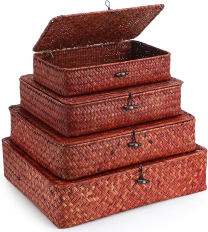 Didaey Set of 4 Seagrass Basket with Lid Wicker Storage Basket Decorative Storage Boxes with Lids Flat Storage Bins Woven Organizer Baskets for Shelf Closet Bedroom, 4 Sizes (Retro Red)