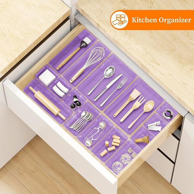 StorMiracle 32 PCS Clear Plastic Drawer Organizer Set, 4-Size vanity organizer Trays and Storage Bins for Makeup, Jewelry and Gadgets in Bedroom, Bathroom and Office, Clear Purple
