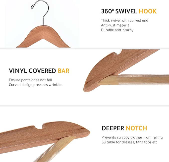 Quality Wooden Hangers - Semi Contoured Hanger Set in 20-Pack - Solid Wood Coat Hangers with Stylish Chrome Hooks - Heavy-Duty Clothes, Jacket, Shirt, Pants, Suit Curved Hangers (Natural, 20)