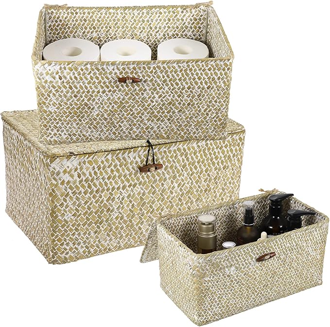 Hipiwe Set of 3 Wicker Storage Baskets with Lid - Large Handwoven Seagrass Shelf Basket Bins Rectangular Nesting Household Organizer Boxes for Shelf Closet Wardrobe Organizer, Whitewash