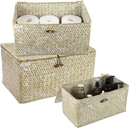 Hipiwe Set of 3 Wicker Storage Baskets with Lid - Large Handwoven Seagrass Shelf Basket Bins Rectangular Nesting Household Organizer Boxes for Shelf Closet Wardrobe Organizer, Whitewash
