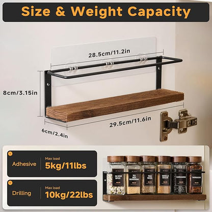 2-Tier Wall Mount Spice Rack Organizer with 12 Glass Jars, 216 Labels & Funnel - Screw/Adhesive Mount, Black Metal & Wood Spice Storage for Kitchen Pantry Cabinet, 11.6”W x 2.4”D x 3.2”H