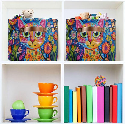 Large Storage Basket Colorful Cat Whimsical Style Storage Bin Cube Canvas Fabric Organizer Handles Collapsible for Clothes Toys Bedroom Decorative