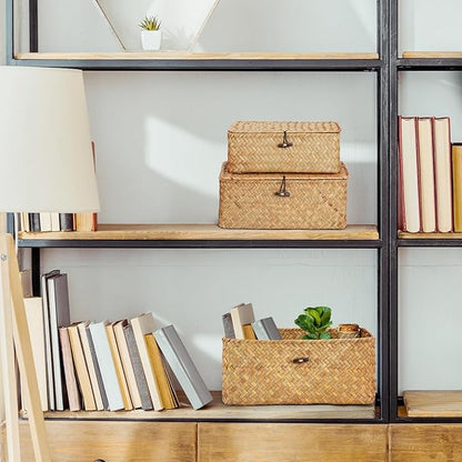 3Pcs Wicker Storage Baskets with Lid, Handwoven Seagrass Basket Bins Decorative Storage Rectangular Boxes for Shelves Desktop Home Organizer
