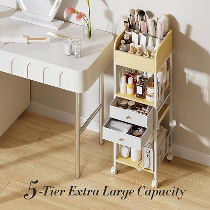 TidyStash Rolling Cart with Drawers 4-Tier Storage Cart with Large Drawers, Heavy-Duty Steel Frame and Wood Shelves Organizer for Makeup, Skincare Bathroom Kitchen Dorm Vanity Home Supplies