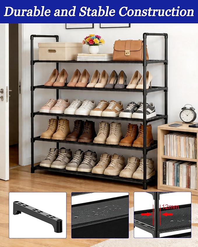 Large Capacity Space-Saving Shoe Rack, 5-Tier Detachable Shoe Storage Organizer Holds 20-25 Pairs, Waterproof Non Woven Fabric Corner Rack for Entryway, Closet, Hallway, Garage