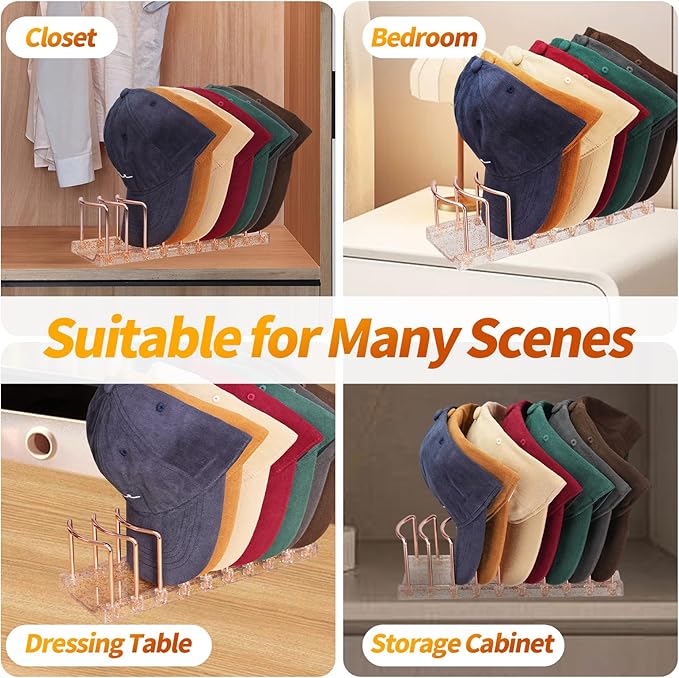 Rose Gold Hat Stand & Cap Organizer | 18-Hat Rack, Sturdy Metal Baseball Cap Holder | Rust-Proof Tabletop Storage for Closet, Bedroom, Dressing Table (Easy Assembly) 2Pcs