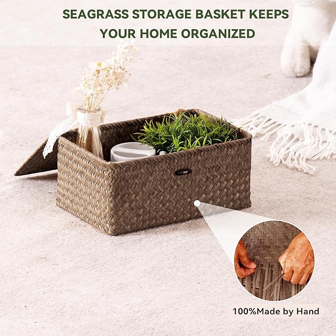 Nonam Seagrass Storage Baskets with Lid Set of 3,Wicker Basket Storage Bin for Shelves,Rectangular,Boho Decor,Handwoven Shelf Basket for Organizing-Storage Container Box for Home Organization-Coffee