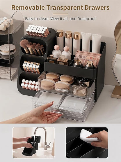 Booklov Makeup Organizer for Vanity, Large Capacity Cosmetic Display Case with Drawers, Countertop Beauty Storage Holder for Skincare, Brush Eyeliner Perfume Eyeshadow Lipsticks, Counter Desk, Black