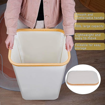 Laundry Basket with Wheels,100L Hampers for Laundry,Large Laundry Hamper with Lid and Bamboo Handles,Collapsible & Waterproof Tall Cloth Hamper for Dormitory Family，Beige