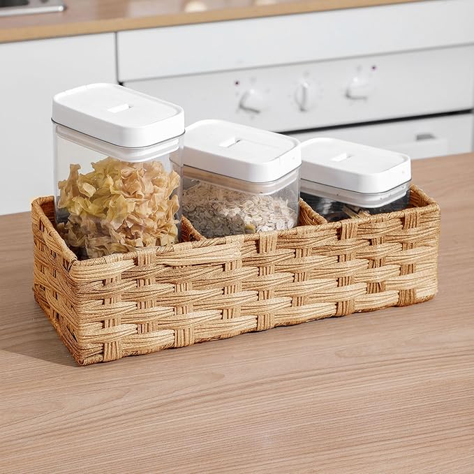 Toilet Tank Topper Paper Basket Multiuse Hand Woven Plastic Wicker Basket Bins with Divider for Shelves Rustic Farmhouse Bathroom Decor Countertop Light yellow