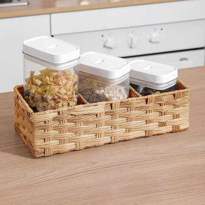 Toilet Tank Topper Paper Basket Multiuse Hand Woven Plastic Wicker Basket Bins with Divider for Shelves Rustic Farmhouse Bathroom Decor Countertop Light yellow