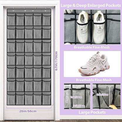 homyfort 35 Large Pockets Over the Door Shoe Organizer, Extra Sturdy Oxford Fabric Hanging Shoe Rack for Door Closet, Wall Mesh Shoe Storage Holder for Mens Women Shoes (Grey)