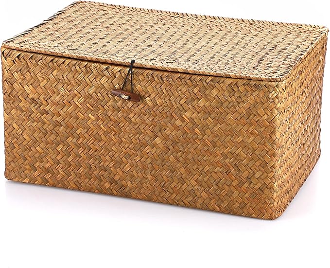 Hipiwe Wicker Shelf Baskets Bin with Lid, Handwoven Seagrass Basket Storage Bins Rectangular Household Basket Boxes for Shelf Wardrobe Home Organizer, Caramel X-Large