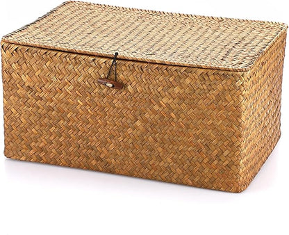 Hipiwe Wicker Shelf Baskets Bin with Lid, Handwoven Seagrass Basket Storage Bins Rectangular Household Basket Boxes for Shelf Wardrobe Home Organizer, Caramel X-Large