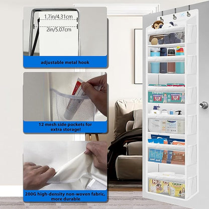 over the door organizer, Solid Bamboo Board (Not Plastic!) 6-Tier Heavy Duty 75LB, 12 Side Pockets, 3 Reinforced Hooks & Anti-Slip Pads, Waterproof & Washable, No Sagging, No Door Damage,White