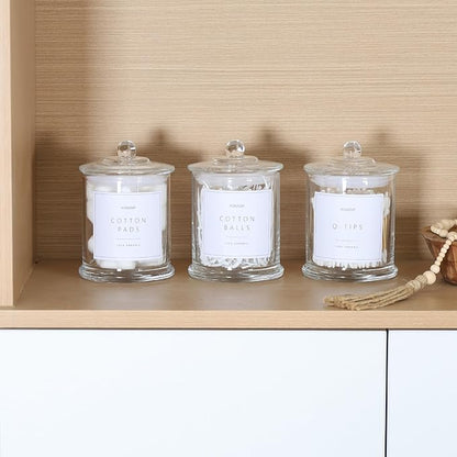Ronasip 3 Pack Qtip Holder Dispenser, 16oz Bathroom Organizer and Storage Canisters, Glass Apothecary Jars with Lid - Home Decor, Room Decor Aesthetic(Transparent)