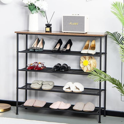 Tangkula 5-Tier Metal Shoe Rack, Freestanding Shoe Storage Organizer with Flat Mesh Shelf & Wooden Top for 16-20 Pairs, Industrial Shoe Storage Rack for Entryway, Hallway, Living Room, Rustic Brown