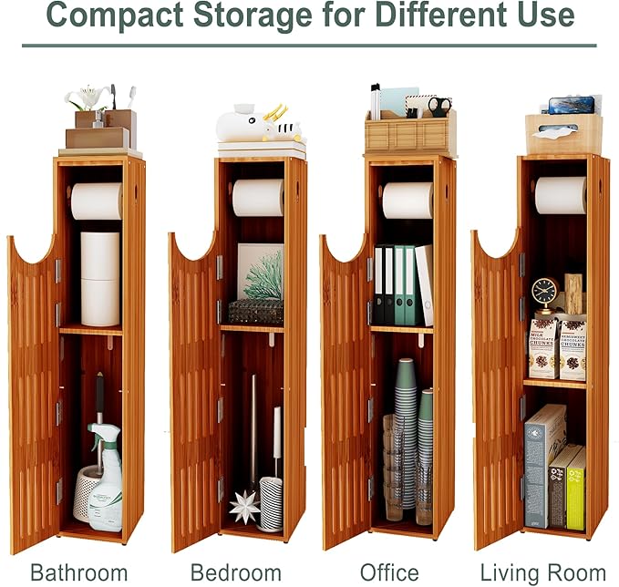 AmazerBath Bamboo Toilet Paper Holder with Storage, Bathroom Toilet Paper Storage Cabinet, Small Bathroom Storage Cabinet for Small Spaces, Slim Bathroom Storage Cabinet, 33x7.3x6.5 Inches, Brown