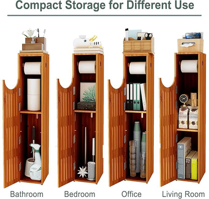 AmazerBath Bamboo Toilet Paper Holder with Storage, Bathroom Toilet Paper Storage Cabinet, Small Bathroom Storage Cabinet for Small Spaces, Slim Bathroom Storage Cabinet, 33x7.3x6.5 Inches, Brown