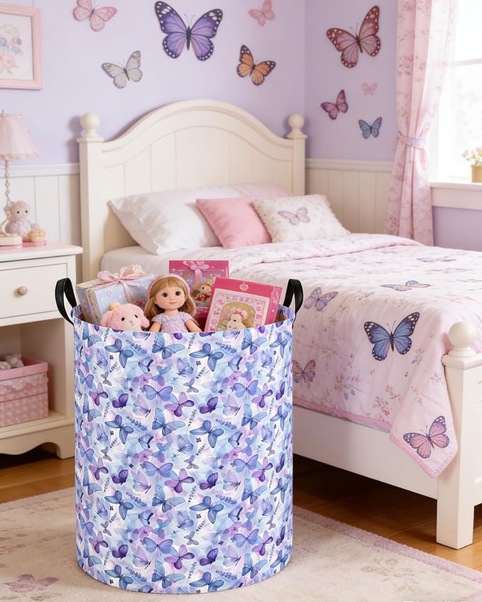 Butterfly Laundry hamper Baby Nursery Hamper Waterproof foldable kids laundry basket Kids Dirty Clothes Hampers Girl Room Decor for Home Gift Baskets(Blue Purple Butterfly)