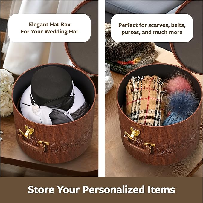 Creative Scents Large Hat Box for Men & Women Storage- Round Hat Box Container Easy Travel with Gold locking Lid and Sturdy Handle Great for Carrying & Protecting Round Hats and Caps. (Brown)