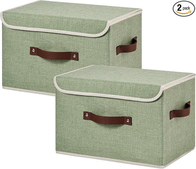 2PCS Storage Bins Box with Lids Decorative Cotton Linen Fabric Baskets Cubes with Handles PP Plastic Board Foldable Washable Clothing Shelf Closet Organizer Container (Light Green, Large)