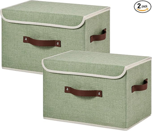 2PCS Storage Bins Box with Lids Decorative Cotton Linen Fabric Baskets Cubes with Handles PP Plastic Board Foldable Washable Clothing Shelf Closet Organizer Container (Light Green, Large)