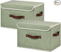2PCS Storage Bins Box with Lids Decorative Cotton Linen Fabric Baskets Cubes with Handles PP Plastic Board Foldable Washable Clothing Shelf Closet Organizer Container (Light Green, Large)