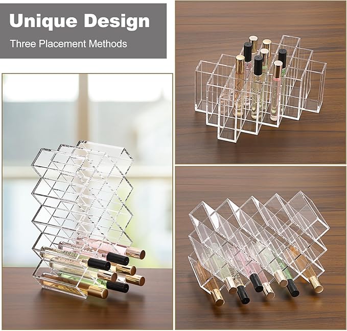 ELLDOO Rollerball Perfume Organizer, 23 Spaces Clear Acrylic Perfume Storage Holder Beauty Scent Holder, Stackable Makeup Lipgloss Lipstick Display Case Lip Gloss Storage Stand (5-Tier)